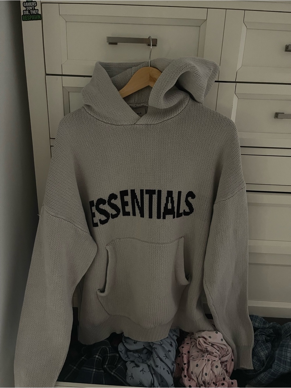 Fear of God Essentials Knit Hoodie in Light Gray with Black Label